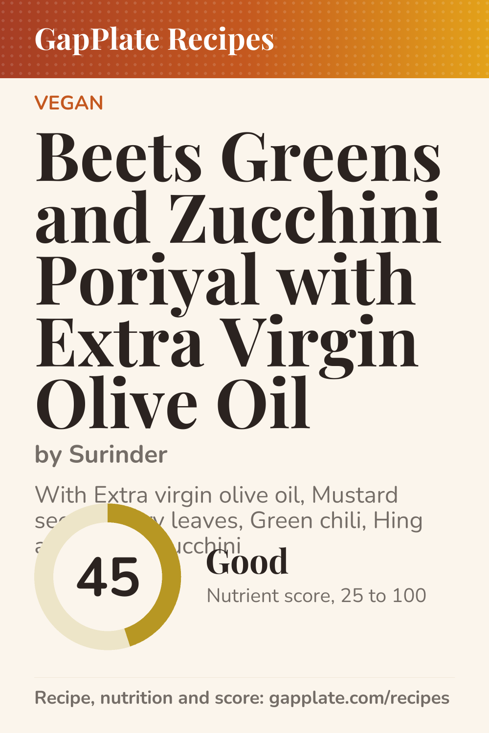 Pin of Beets Greens and Zucchini Poriyal with Extra Virgin Olive Oil by Surinder