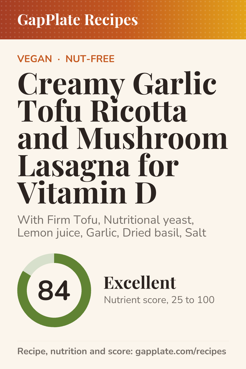 Pin of Creamy Garlic Tofu Ricotta and Mushroom Lasagna for Vitamin D recipe