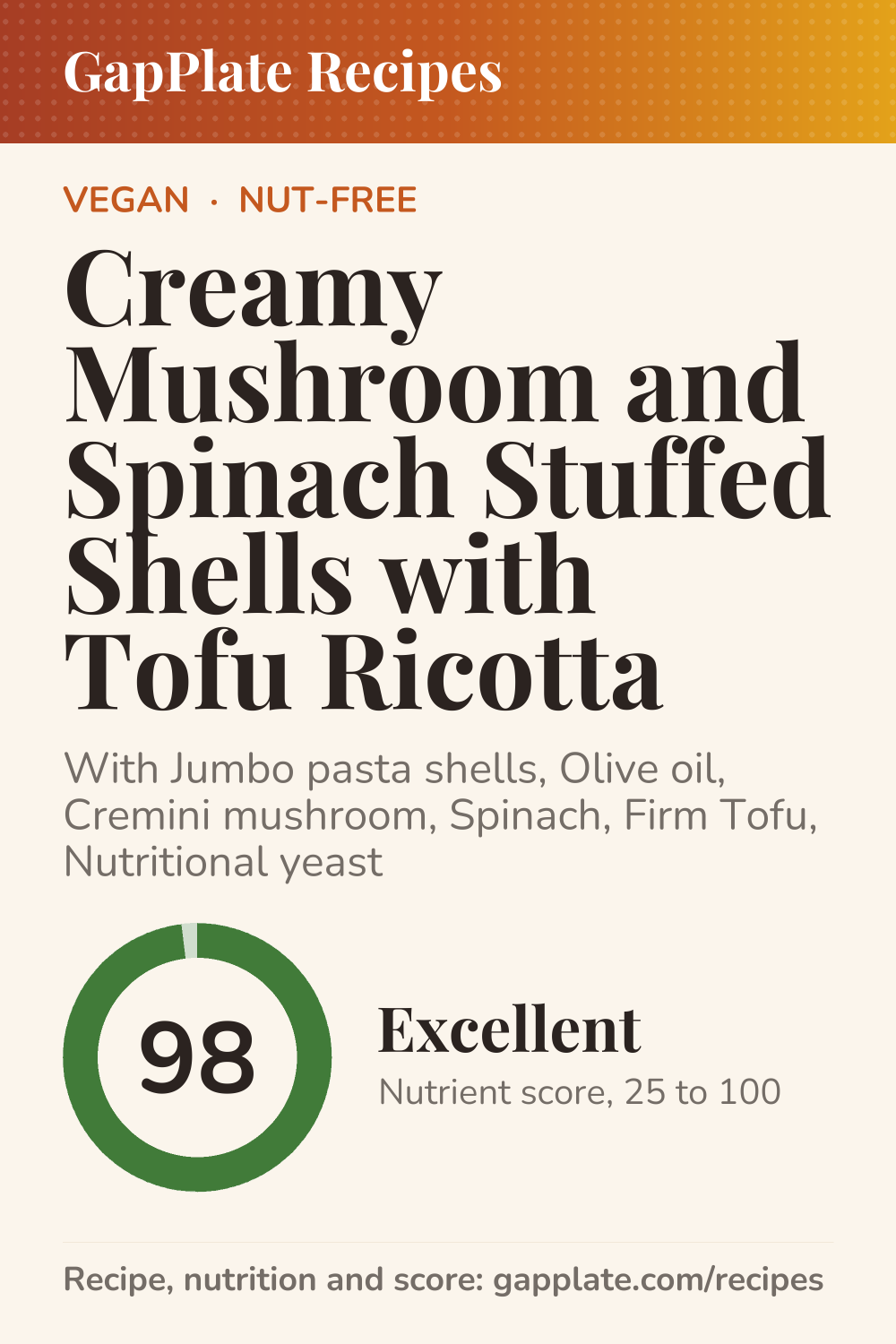 Pin of Creamy Mushroom and Spinach Stuffed Shells with Tofu Ricotta recipe