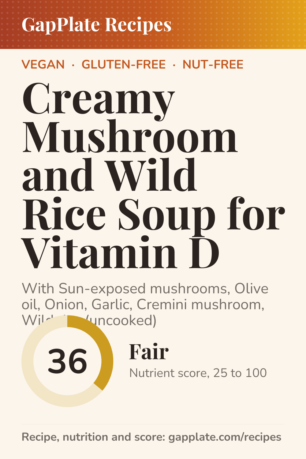 Pin of Creamy Mushroom and Wild Rice Soup for Vitamin D recipe