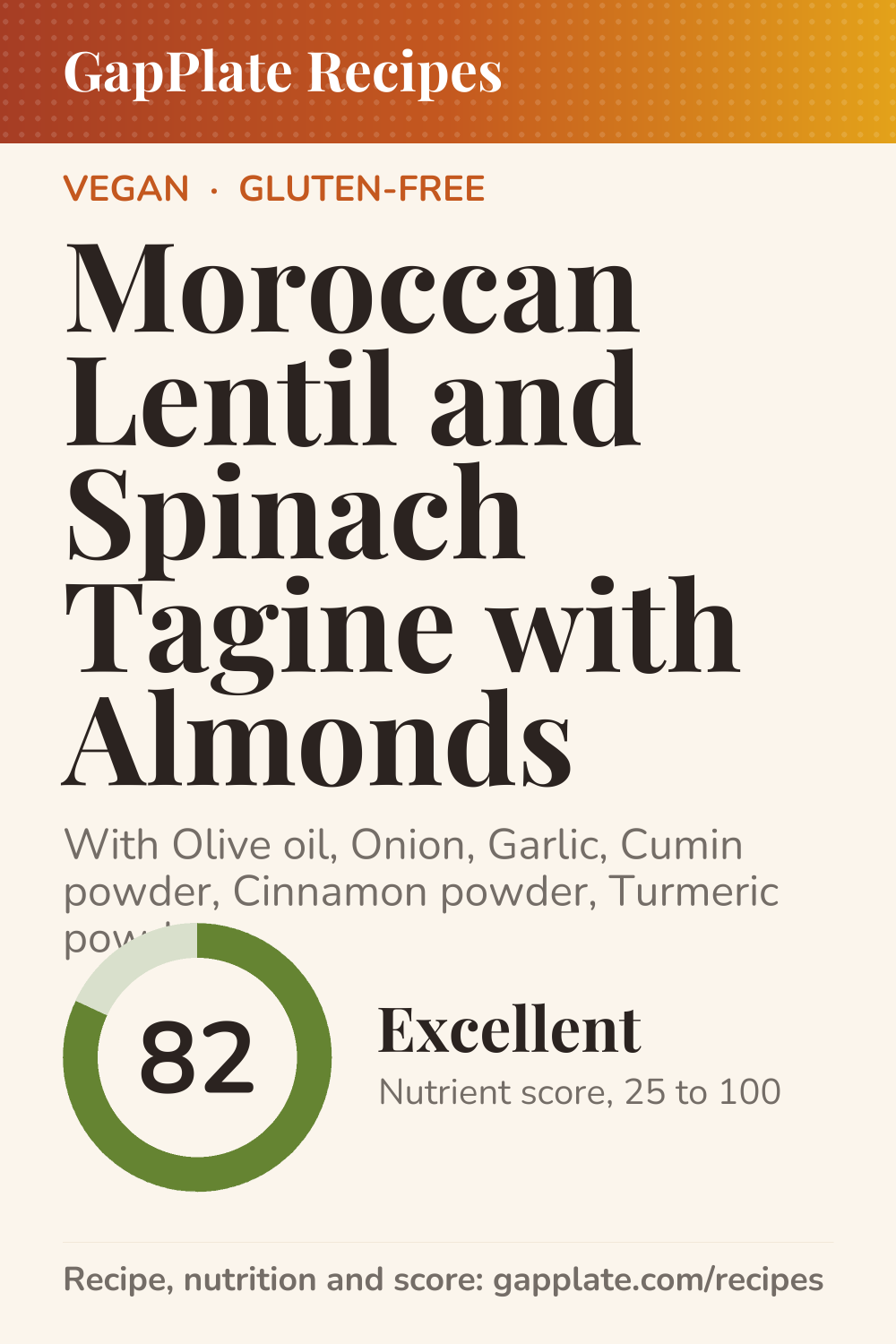 Pin of Moroccan Lentil and Spinach Tagine with Almonds recipe