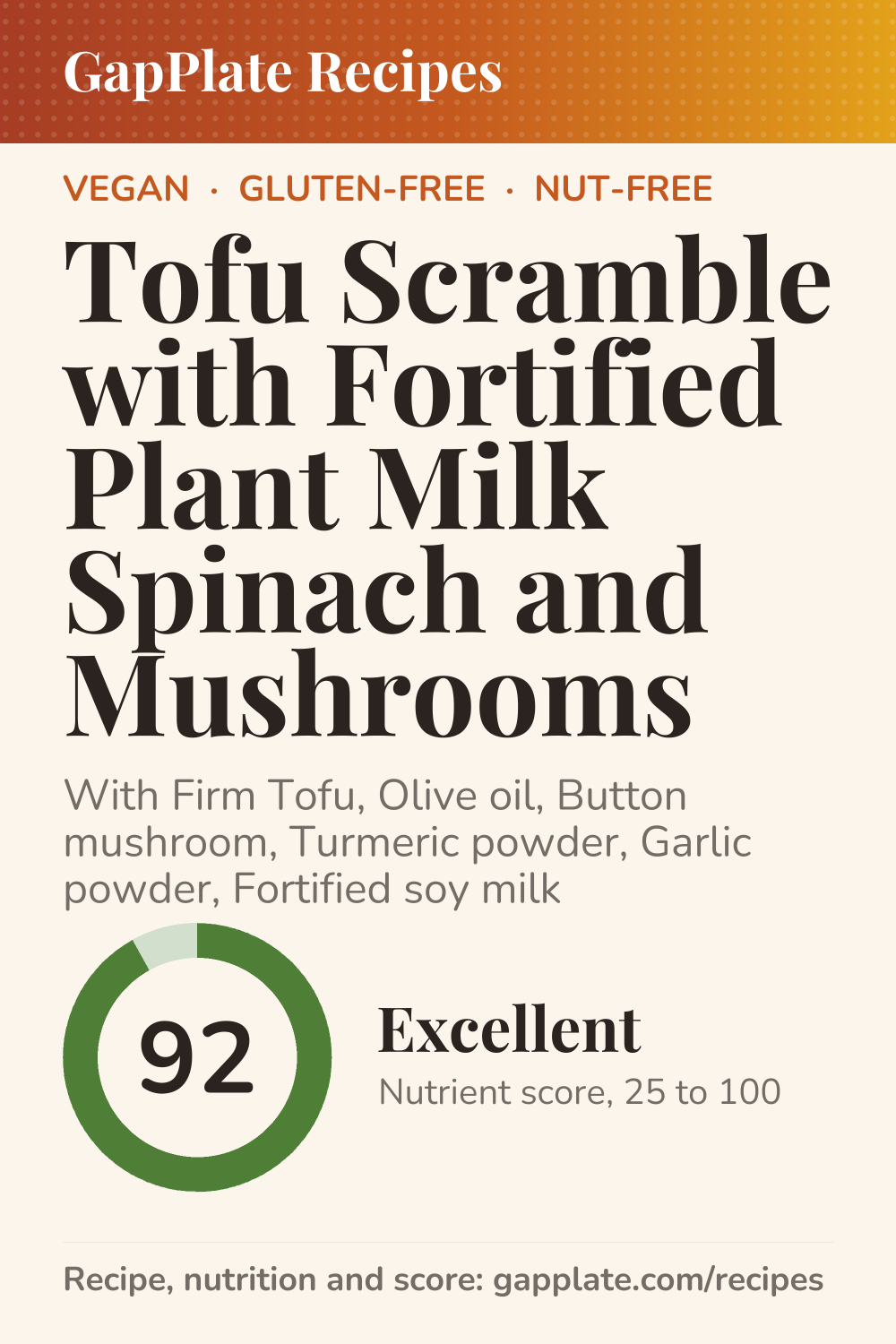 Pin of Tofu Scramble with Fortified Plant Milk Spinach and Mushrooms recipe
