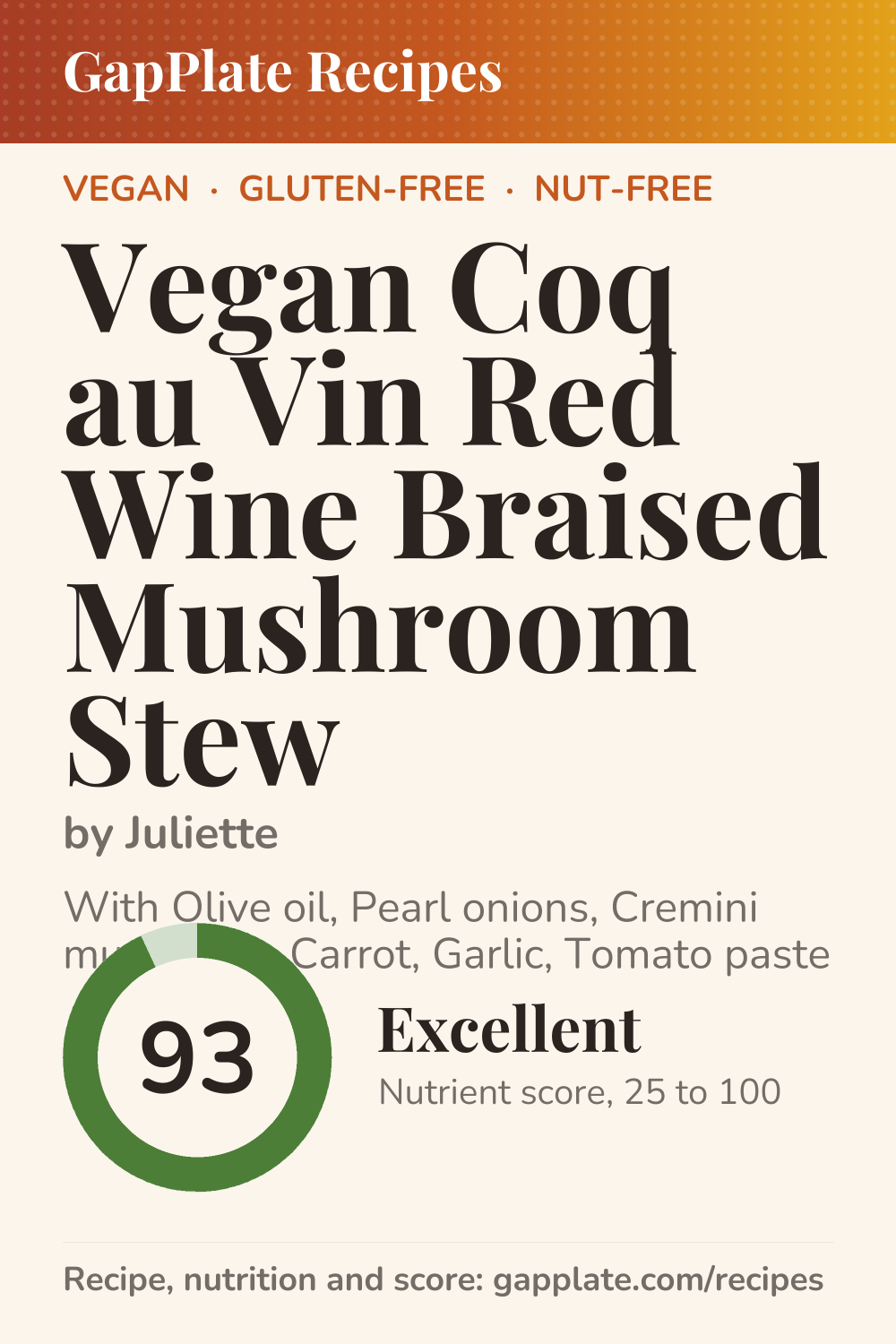 Pin of Vegan Coq au Vin Red Wine Braised Mushroom Stew by Juliette
