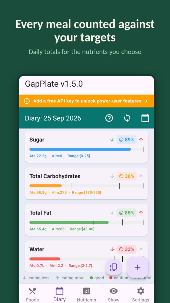 GapPlate screenshot: diary with daily totals against your targets