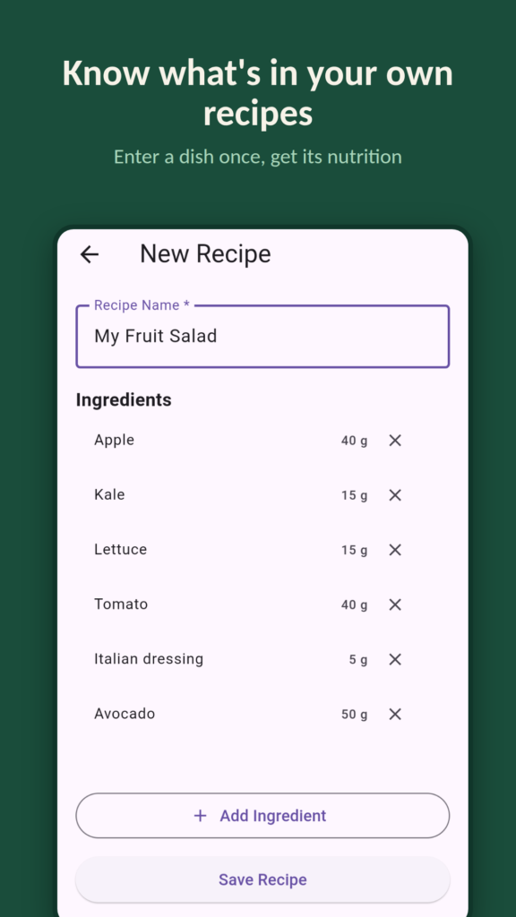 GapPlate screenshot: working out the nutrition of your own recipe
